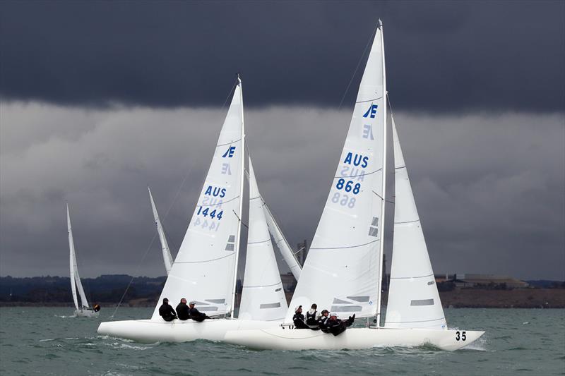 1435 skippered by Jean-Claude Strong with Tom Slingsby, Marcus Burke and Kate Devereux, and also South Australia's Fumanchu - Mark Roberts Chad Elsegood, and Matthew Johnston photo copyright Alex McKinnon Photography taken at Royal Geelong Yacht Club and featuring the Etchells class
