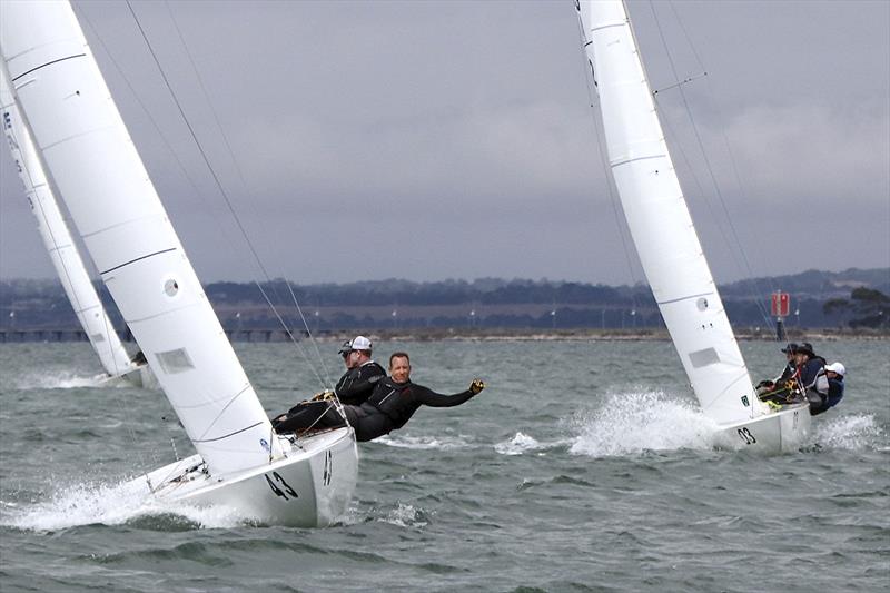 Tango, skippered by Chris Hampton with crew, Charlie Cumbley and Sam Haines, hiking hard to come into the finish photo copyright Alex McKinnon Photography taken at Royal Geelong Yacht Club and featuring the Etchells class