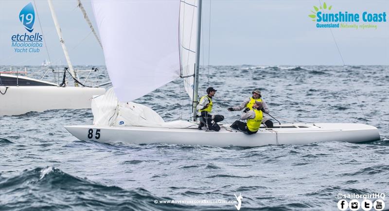 Our Thing 1446 proudly wearing their yellow jerseys which didn't stop them winning both race four and five - 2019 Etchells Australasian Championship photo copyright Nic Douglass / www.AdventuresofaSailorGirl.com taken at Mooloolaba Yacht Club and featuring the Etchells class