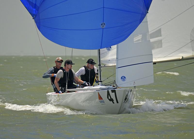 Tom Slingsby on the bow, James Mayo on the Main, and Graeme Taylor with the tiller of Magpie. - photo © 2019 Etchells World Championship