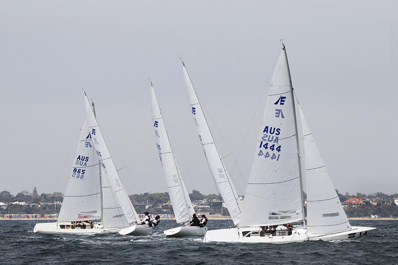 Brighton Beach's iconic bathing boxes serve as a colourful backdrop to racing photo copyright ajmckinnonphotography.com taken at Royal Brighton Yacht Club and featuring the Etchells class