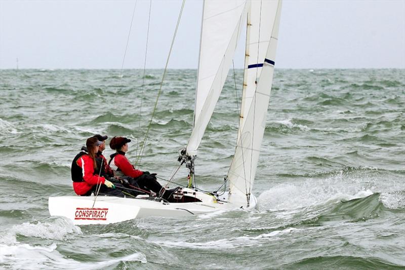 Conspiracy from Hong Kong, 17 year old Eliza Ewart on the helm, Cam Ewart in the middle and Lallie leckey on the bow, also 17 years – and they are at least 50 kilos under weight… - 2020 Etchells Australian Championship day 4 photo copyright John Curnow taken at Royal Brighton Yacht Club and featuring the Etchells class