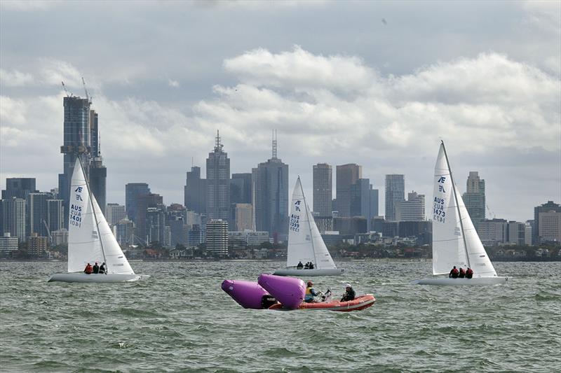 Off tuning up before the first start with the CBD in the background photo copyright John Curnow taken at Royal Brighton Yacht Club and featuring the Etchells class