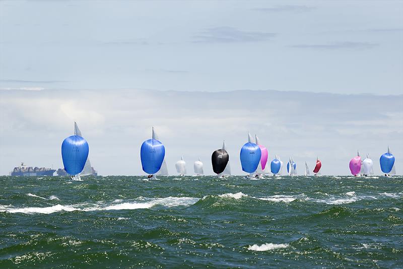 The Etchells fleet racing for home during the 2020 Etchells Australian Championship held at RBYC (Melbourne) photo copyright John Curnow taken at Royal Brighton Yacht Club and featuring the Etchells class