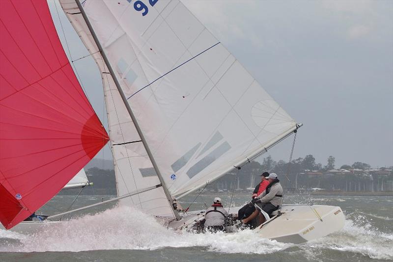 Noel Paterson's Waterloo Too crossing the finish line of Race 4 - Etchells Queensland State Championship 2020 photo copyright Emily Scott Images taken at Royal Queensland Yacht Squadron and featuring the Etchells class