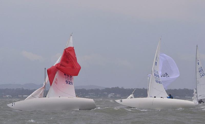 Chinese take away for two - Waterloo Too (Red) and Stand In Line (White) both Chinese Gybe immediately after the finish of Race 4 - Etchells Queensland State Championship 2020 photo copyright Emily Scott Images taken at Royal Queensland Yacht Squadron and featuring the Etchells class