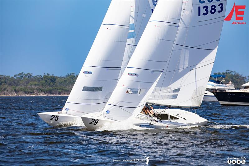 AUS1383 narrowly led around the top mark in race 1 - Etchells Australian Championship photo copyright Nic Douglass @sailorgirlhq taken at Metung Yacht Club and featuring the Etchells class