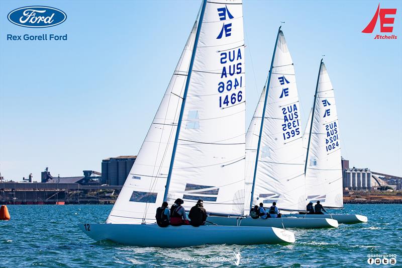 Heading out to the right off the start line of Race 2 - Etchells Victorian State Championship 2022 photo copyright Nic Douglass @sailorgirlhq taken at Royal Geelong Yacht Club and featuring the Etchells class