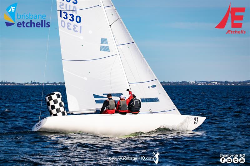 Lucas Down throws a fist in the air as TAG win Race 6 and secure the Etchells Winter Waterloo Cup at the Royal Queensland Yacht Squadron - photo © Nic Douglass @sailorgirlhq