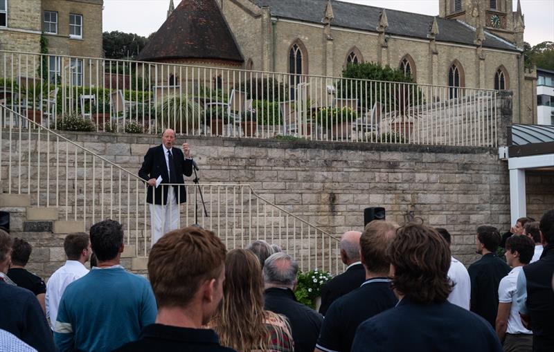 RYS Commodore James Holman gave a warm welcome to the sailors gathered on the RYS Lawn - 2022 International Etchells Worlds photo copyright PKC Media taken at Royal Yacht Squadron and featuring the Etchells class