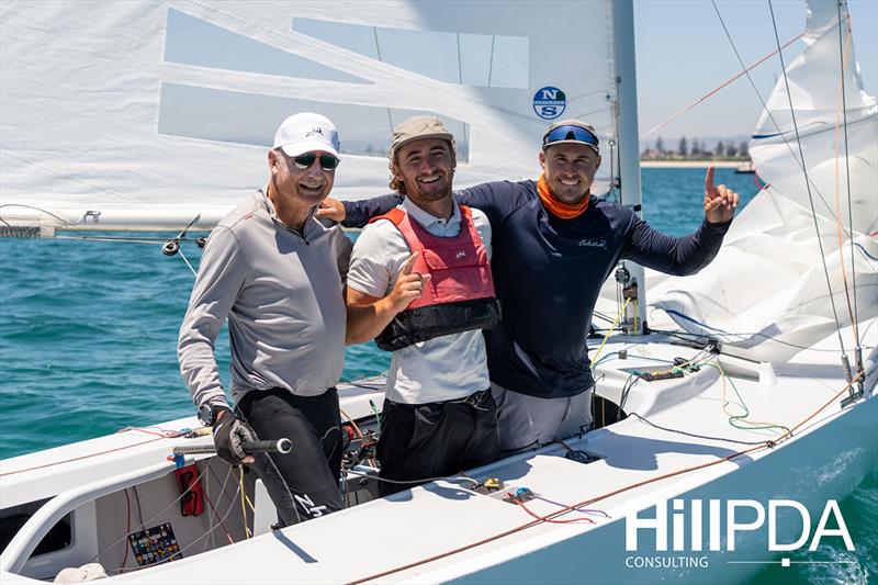 John Bertrand, George Richardson and Lewis Brake after the win - 2023 Australian Etchells Championship photo copyright Harry Fisher, Down Under Sail taken at Cruising Yacht Club of South Australia and featuring the Etchells class