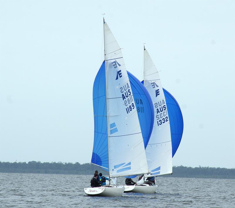 The crews of The Archer and Excite compete for wind on the final leg of race seven in the Etchells East Gippsland Championship, held on Lake King, Metung photo copyright Jeanette Severs taken at Metung Yacht Club and featuring the Etchells class
