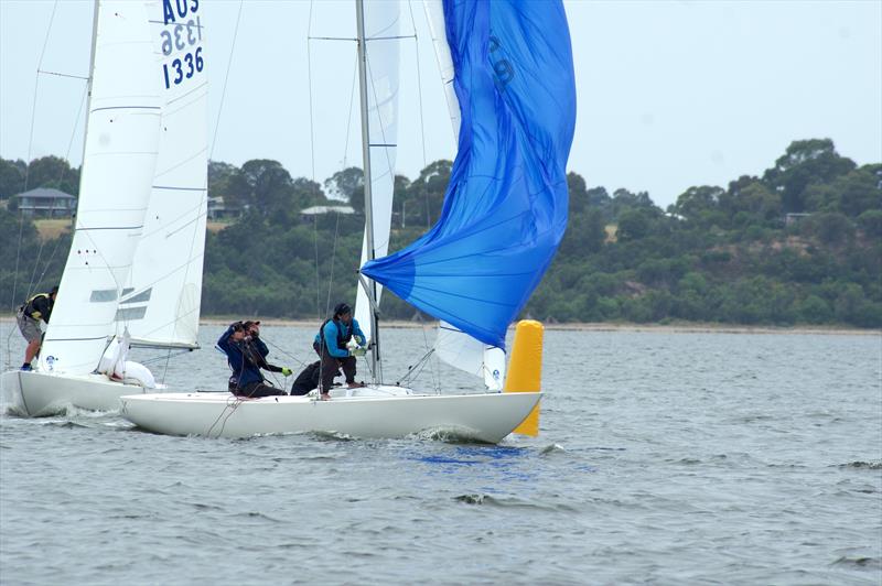 The crews of The Archer and Excite compete for wind on the final leg of race seven in the Etchells East Gippsland Championship, held on Lake King, Metung photo copyright Jeanette Severs taken at Metung Yacht Club and featuring the Etchells class