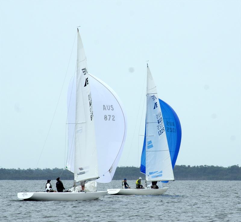 Count Boris’s Secret Rendezvous and Ireland Girl, with kites up, compete for wind on the final leg of race seven - photo © Jeanette Severs