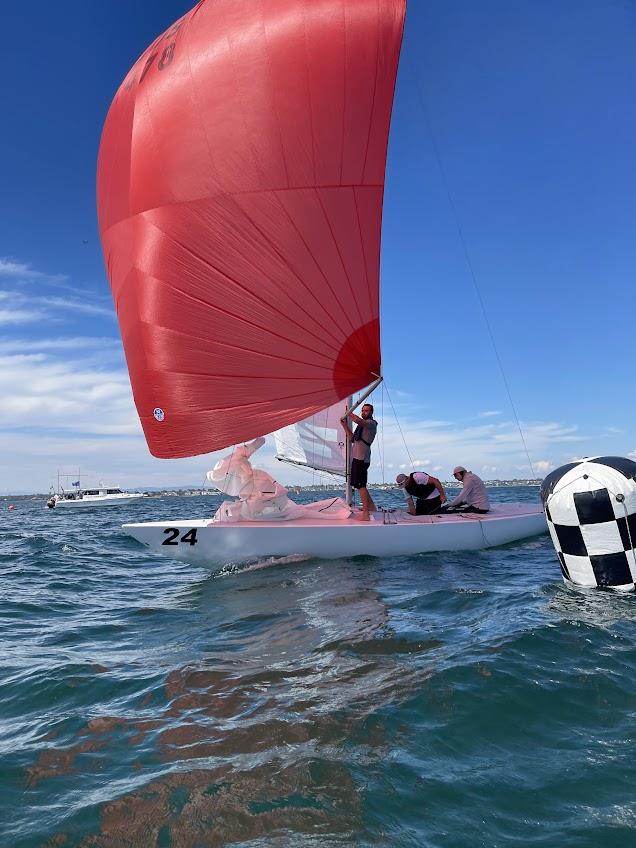 John Bertrand and his team taking a well fought win on day one of the Etchells Victorian State Championship photo copyright Laura Thomson / RBYC taken at Royal Brighton Yacht Club and featuring the Etchells class