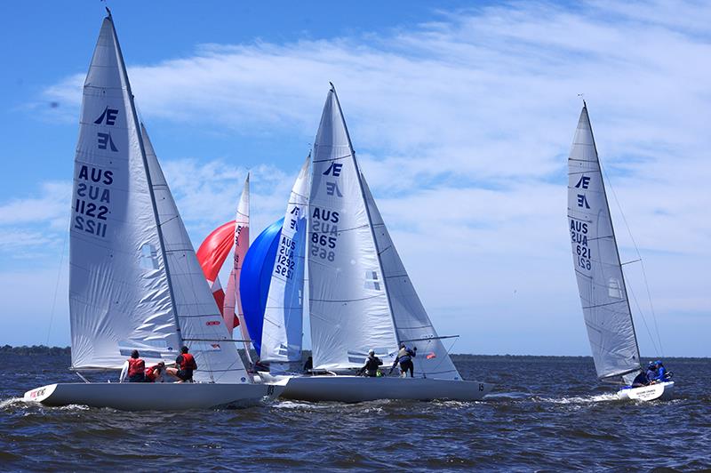 Basic Instinct (AUS1122), Tamm Ha Tamm (AUS865), and Second Chance (AUS621) and AUS1292 around the windward gate on Lake King at Metung - Etchells Victorian Championship 2024 photo copyright Jeanette Severs taken at Metung Yacht Club and featuring the Etchells class