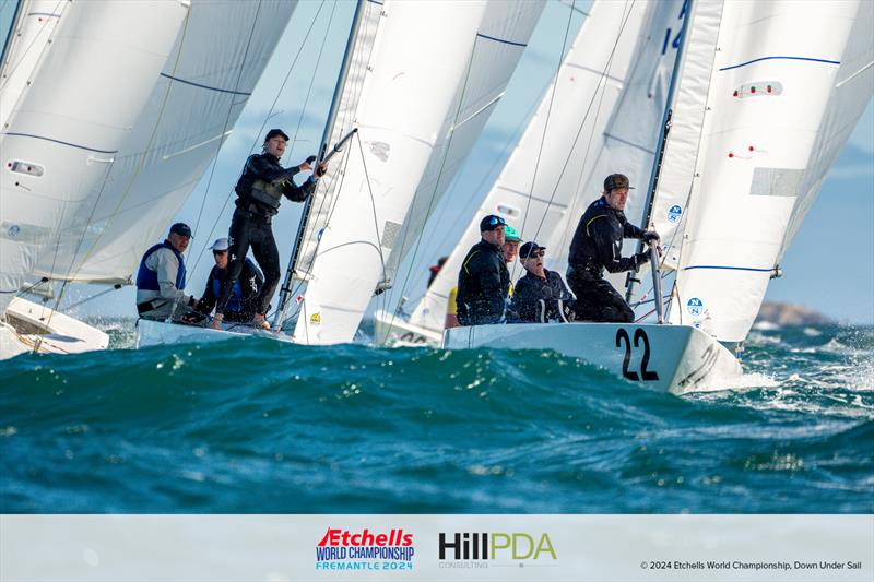 Lawrie Smith, Richard Parslow, Ruairiah Scott, Dave Hughes (GBR) on day 1 of the 2024 Etchells World Championships photo copyright Alex Dare, Down Under Sail taken at Fremantle Sailing Club and featuring the Etchells class