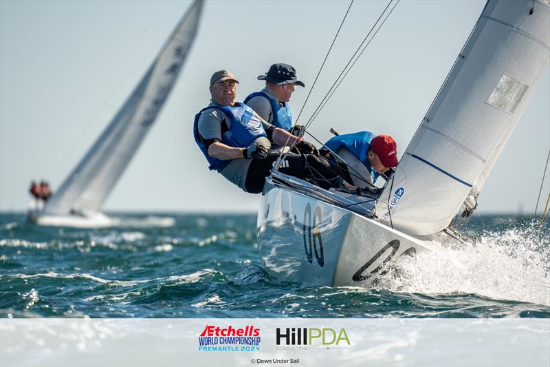 GBR1490 No Dramas. Graham Vials, Billy Russell, Andrew Lawson on day 2 of the 2024 Etchells World Championships photo copyright Alex Dare, Down Under Sail taken at Fremantle Sailing Club and featuring the Etchells class