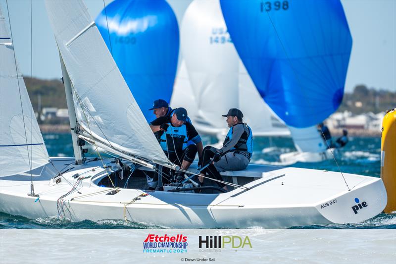 AUS947 Pie. Mark Bradford, Will McCarthy, Anthony Nositer on day 2 of the 2024 Etchells World Championships photo copyright Alex Dare, Down Under Sail taken at Fremantle Sailing Club and featuring the Etchells class