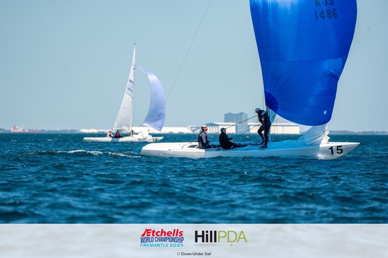 AUS1486 Magpie. Graeme Taylor, James Mayo and Richard Allanson on day 3 of the 2024 Etchells World Championships photo copyright Alex Dare, Down Under Sail taken at Fremantle Sailing Club and featuring the Etchells class