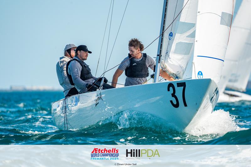 AUS1478 Triad2020. John Bertrand, George Richardson and Lewis Brake on day 3 of the 2024 Etchells World Championships photo copyright Alex Dare, Down Under Sail taken at Fremantle Sailing Club and featuring the Etchells class