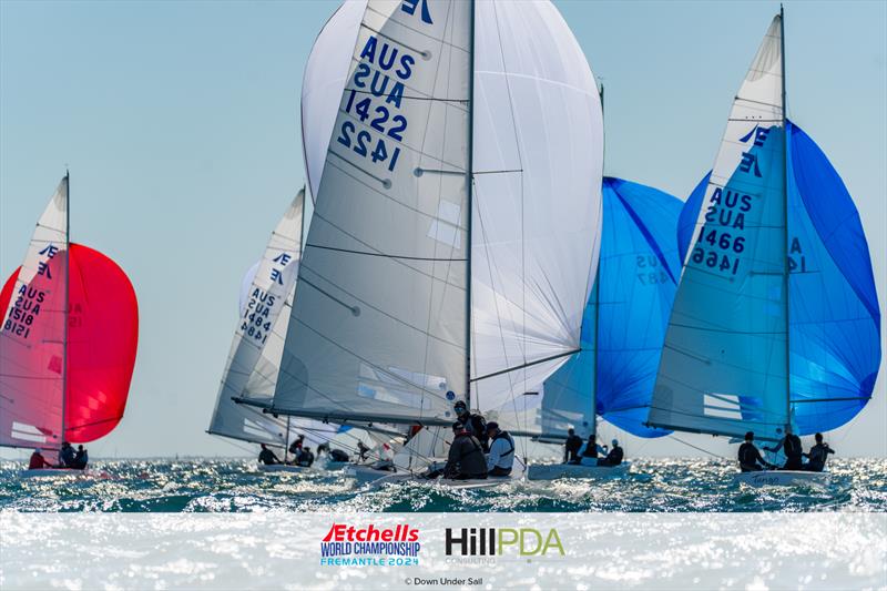 The fleet downwind on day 3 of the 2024 Etchells World Championships photo copyright Alex Dare, Down Under Sail taken at Fremantle Sailing Club and featuring the Etchells class