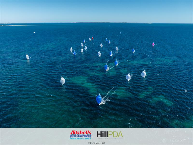 The fleet downwind on day 4 of the 2024 Etchells World Championships photo copyright Alex Dare, Down Under Sail taken at Fremantle Sailing Club and featuring the Etchells class