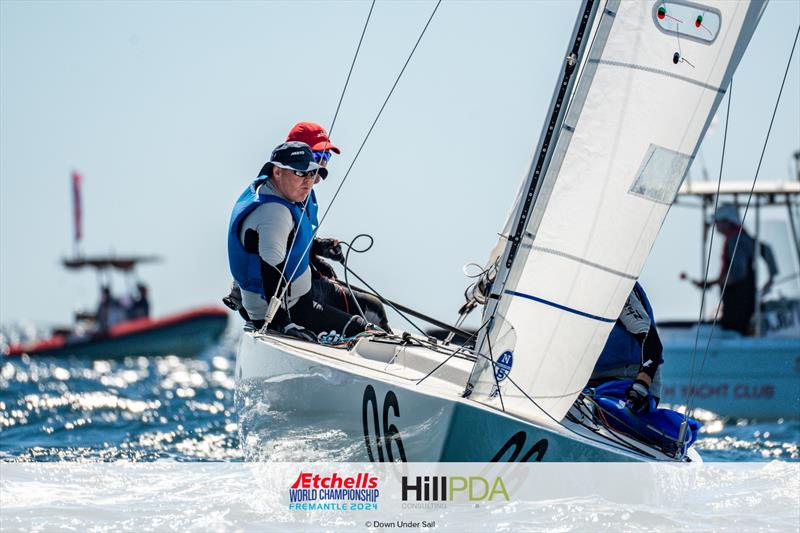 Graham Vials, Billy Russell, and Andrew Lawson on day 4 of the 2024 Etchells World Championships photo copyright Alex Dare, Down Under Sail taken at Fremantle Sailing Club and featuring the Etchells class