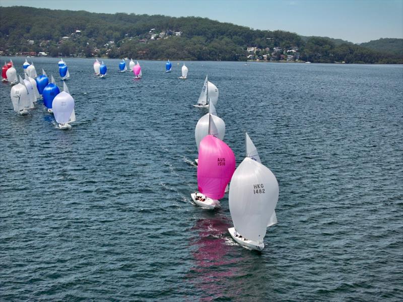 Flying High (pink kite) keeping Racer CC under pressure for the lead - Brian Hilton - Ineos Grenadier Etchells NSW Championship 2026 photo copyright Hippodrone taken at Gosford Sailing Club and featuring the Etchells class