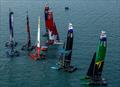 Aerial view of the fleet as they sail around a racecourse marker on Race Day 2 of the Rolex United States Sail Grand Prix | Chicago  © Simon Bruty / SailGP