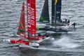 Emirates Great Britain SailGP Team alongside Australia SailGP Team during practice racing ahead of the Rockwool Canada Sail Grand Prix in Halifax, Canada. May 2024 © Felix Diemer/SailGP