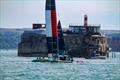 USA slides past Spitbank Fort - one of several that dot the eastern Solent - SailGP Portsmouth - July 18, 2025
