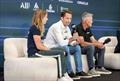 Hannah Mills, strategist of Emirates Great Britain SailGP Team, Ben Ainslie, CEO of Emirates Great Britain SailGP Team and Sir Russell Coutts, SailGP CEO, speaks to the media ahead of the Emirates Great Britain Sail Grand Prix