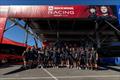 Valteri Bottas, Finish Formula 1 driver and Tiffany Cromwell, Australian Cyclist pose with the ROCKWOOL Denmark SailGP Team in the technical area ahead of the ROCKWOOL France Sail Grand Prix held in Saint Tropez, France 