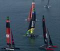 Switzerland SailGP Team leads ROCKWOOL Racing SailGP Team, BONDS Flying Roos SailGP Team helmed by Tom Slingsby and Emirates Great Britain SailGP Team helmed by Dylan Fletcher on Race Day 1 of the Mubadala Abu Dhabi Sail Grand Prix Season Grand Final 