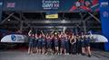 Emirates Great Britain SailGP Team and shore crew celebrate with the Impact League trophy, Golden Wheel Trophy and Rolex SailGP Championship trophy at their Hanger in the SailGP technical area after winning the Sail Grand Prix Season Championship