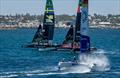 Germany SailGP Team presented by Deutsche Bank race behind NORTHSTAR SailGP Team and Artemis SailGP Team during a practice session ahead of the Oracle Perth Sail Grand Prix presented by KPMG in Perth, Australia