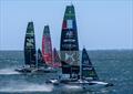 DS Automobiles SailGP Team France helmed by Quentin Delapierre leading Emirates Great Britain SailGP Team helmed by Dylan Fletcher who are ahead of Artemis SailGP Team helmed by Nathan Outteridge, on Race Day 2 of the Oracle Perth Sail Grand Prix