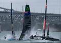 Black Foils SailGP Team helmed by Peter Burling and DS Automobiles SailGP Team France helmed by Quentin Delapierre collide during racing on Race Day 1 of the ITM New Zealand Sail Grand Prix in Auckland, New Zealand