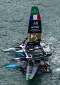 Aftermath of Black Foils SailGP Team helmed by Peter Burling and DS Automobiles SailGP Team France helmed by Quentin Delapierre colliding in Race 3, on Race Day 1 of the ITM New Zealand Sail Grand Prix in Auckland, New Zealand