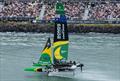 BONDS Flying Roos SailGP Team helmed by Tom Slingsby do a Fly by past the Waterfront Grandstand, in the SailGP Race Stadium, on Race Day 1 of the ITM New Zealand Sail Grand Prix in Auckland, New Zealand