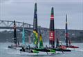 BONDS Flying Roos SailGP Team helmed by Tom Slingsby ahead of ROCKWOOL Racing SailGP Team during racing on Race Day 1 of the ITM New Zealand Sail Grand Prix in Auckland, New Zealand