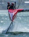 Switzerland SailGP Team helmed by Sebastien Schneiter in action on Race Day 2 of the ITM New Zealand Sail Grand Prix in Auckland, New Zealand