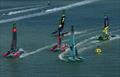 United States SailGP Team helmed by Taylor Canfield rounds the marker ahead of Switzerland SailGP Team, Los Gallos SailGP Team, Artemis SailGP Team and BONDS Flying Roos SailGP Team on Race Day 2 of the ITM New Zealand Sail Grand Prix
