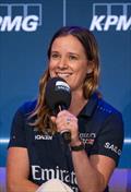 Hannah Mills, strategist of Emirates Great Britain SailGP Team, speaks to the media in a pre-event press conference ahead of the KPMG Australia Sail Grand Prix in Sydney, Australia