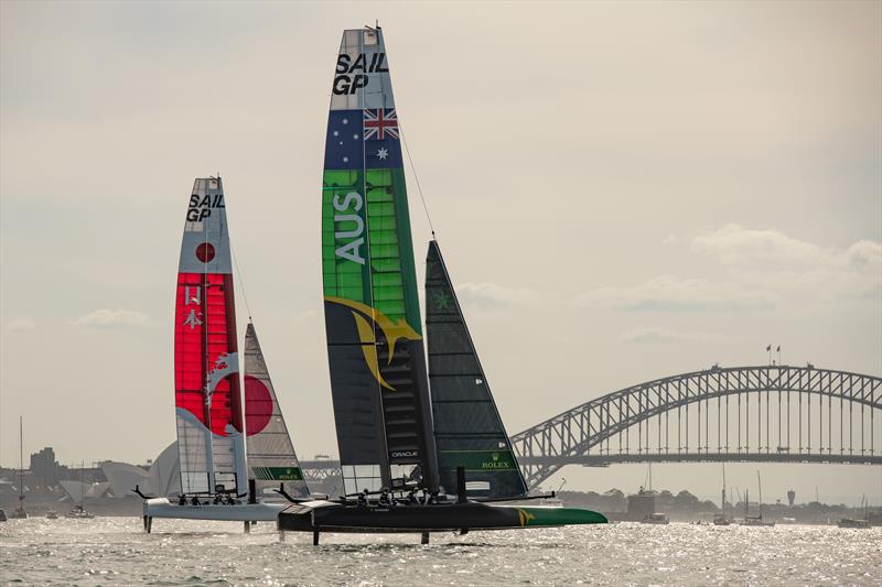 SailGP Australia Team leads upwind against SailGP Japan Team in their match race on day two of competition at the Sydney SailGP photo copyright Chris Cameron / SailGP taken at  and featuring the F50 class