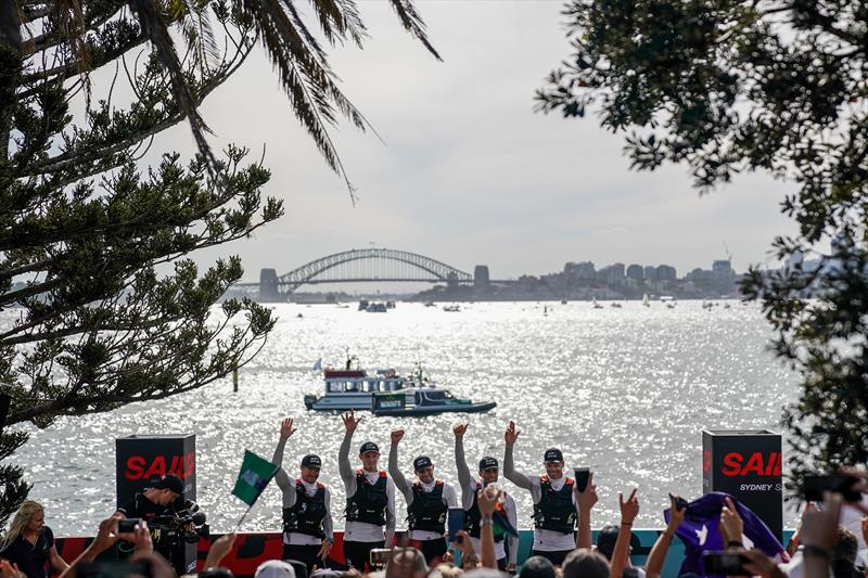 Australia SAILGP Team skippered by Tom Slingsby on the podium with Sydney Harbour Bridge behind after claiming victory at the Sydney SailGP photo copyright Bob Martin / SailGP taken at  and featuring the F50 class