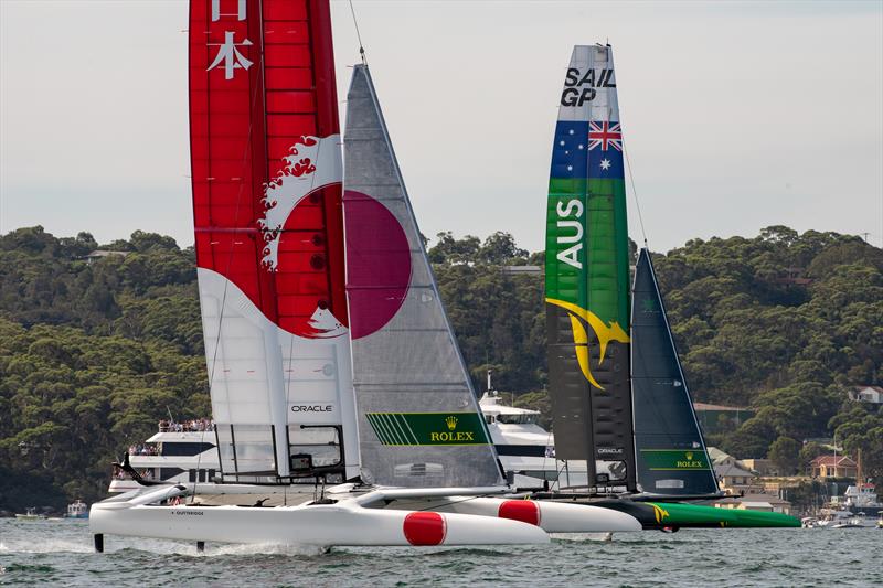 SailGP Australia Team leads upwind against SailGP Japan Team in their match race on day two of competition at the Sydney SailGP photo copyright Chris Cameron / SailGP taken at  and featuring the F50 class