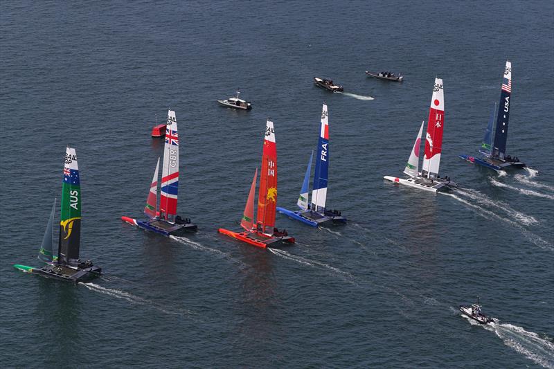 The F50 catamarans line up on day two of competition at the Sydney SailGP photo copyright David Gray / SailGP taken at  and featuring the F50 class