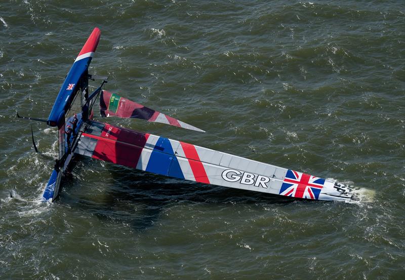 Great Britain SailGP Team capsize during the build-up to race 1 on New York SailGP day 1 photo copyright Bob Martin / SailGP taken at  and featuring the F50 class